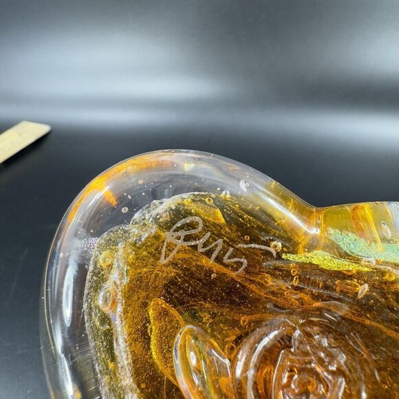 Hand Blown Art Glass Heart Figurine Paperweight Multicolor Swirls Artist Signed - Picture 10 of 16